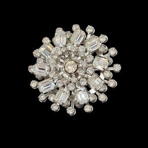 Vintage Clear Rhinestone Floral Cluster Brooch Layered Mid Century Statement